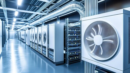 Poster - Advanced cooling systems in a modern data center showcasing efficient equipment designed for high-performance computing during the day