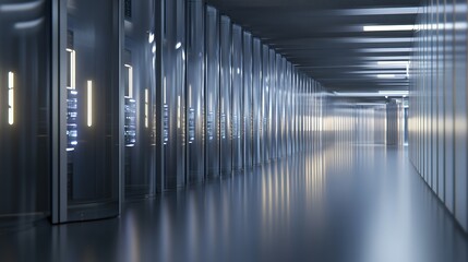 Poster - A sleek server room corridor with illuminated racks showcasing modern technology in a high-tech facility