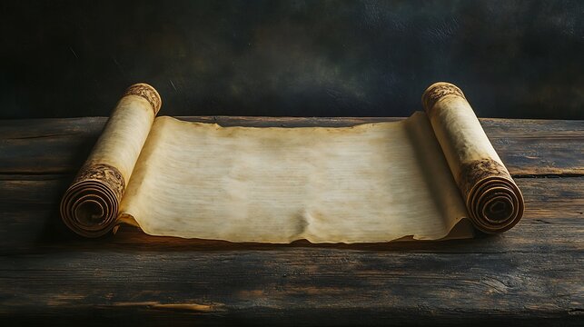 The unrolled scripture is written on dark cream colored parchment paper exposed on a wooden surface. Dark background