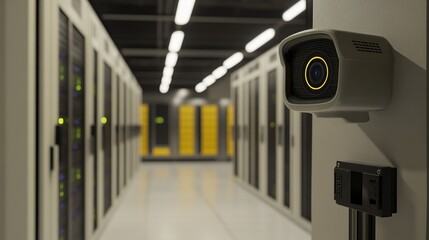 Poster - Surveillance camera installed in a modern data center with rows of servers during a bright workday