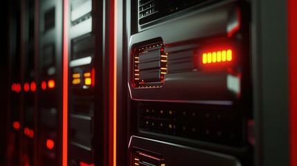 Poster - High-tech server rack emitting red lights in a dimly lit data center showcasing modern computing infrastructure