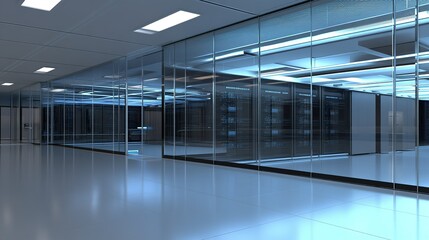 Poster - Modern data center with glass walls and blue lighting showcasing rows of servers in a high-tech environment
