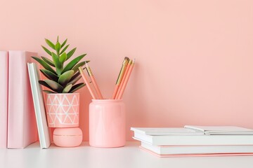 Peach color wall and home office desk with supplies, pencils, pens, boxes, plant pot. Creative stylish minimal workspace. Contemporary flat white work tabletop for product display montage. Blank space