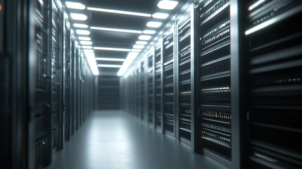 Poster - Modern data center corridor with rows of server racks under bright LED lighting during operational hours