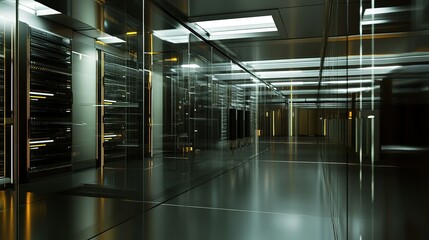 Poster - Modern data center interior with sleek lighting and reflective surfaces during evening hours