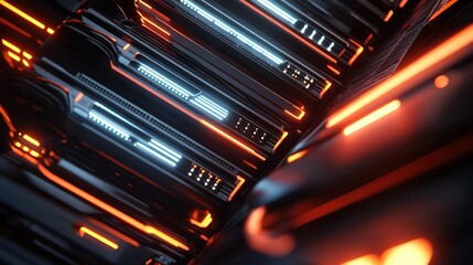 Poster - High-tech server room with glowing orange and blue lights highlighting advanced computing equipment