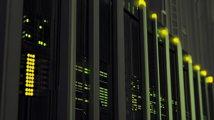 Poster - Data center with illuminated servers showcasing network activity and technology in a modern facility during nighttime operations