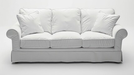 A white sofa with three pillows, isolated on a white background.