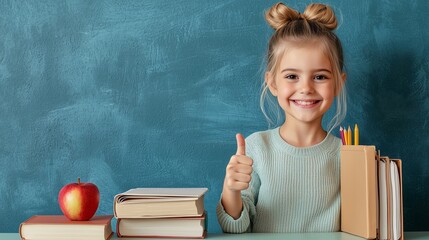 cheerful girl giving a thumbs up in a classroom setting with books and an apple, perfect for educati