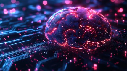 Poster - Glowing Digital Brain on Circuit Board - Artificial Intelligence, Deep Learning, Neural Network Concept.