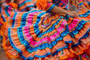 Colorful Mexican dance dress in motion with vibrant ruffles and traditional patterns