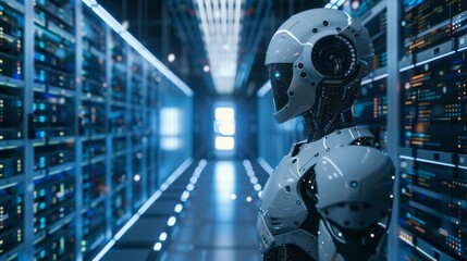 Poster - A robot stands in a large room with many computer monitors