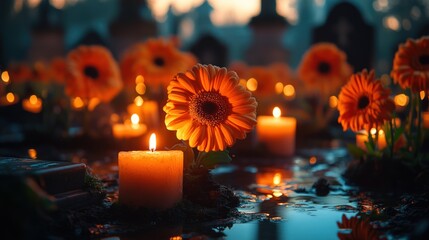 A close-up view of orange flowers and burning candles in a cemetery at dusk.