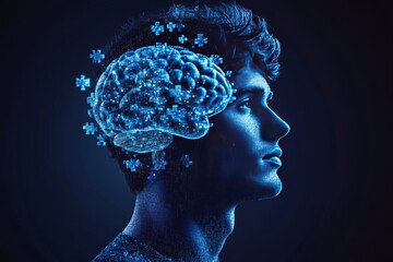 Poster - Mirror neurons Neural circuitry of love Side profile of a man with a puzzle brain design symbolizing the synthesis of complex ideas and the process of intellectual assembly