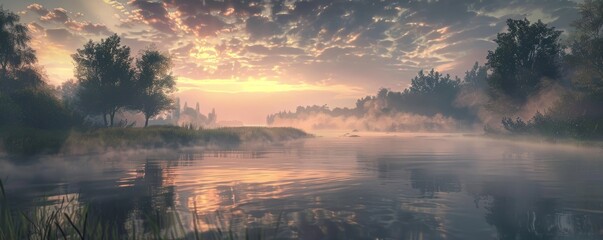 Wall Mural - Sunrise over a quiet river with morning mist, 4K hyperrealistic photo,