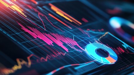 Poster - seamless loop of animated financial data with glowing lines and pie charts, set against a dark, slee