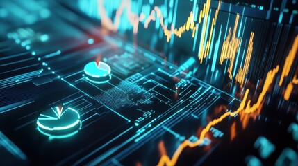 Poster - seamless loop of animated financial data with glowing lines and pie charts, set against a dark, slee