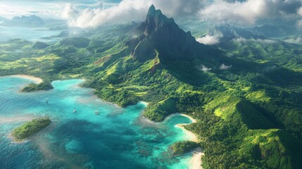 Poster - A breathtaking aerial view of a tropical island paradise, with emerald-green mountains, turquoise lagoons, and golden beaches, showcasing the beauty of Omagase.