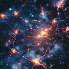 Poster - Abstract Neural Network with Glowing Synapses and a Dark Background - Neuroscience Concept