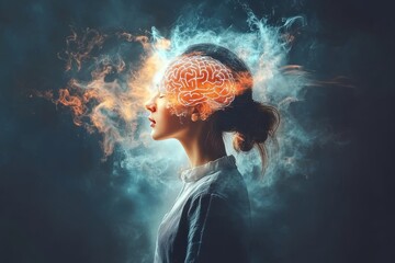 Poster - LTP Neural circuitry of love Artistic depiction of a woman with a brain and smoke symbolizing the power of ideas and the creative process in a dreamlike state