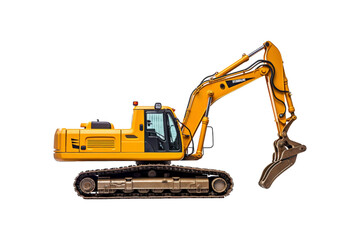 Yellow excavator with a brown bucket on the treads. Ideal for construction, industrial, machinery, engineering, and heavy equipment concepts in design projects