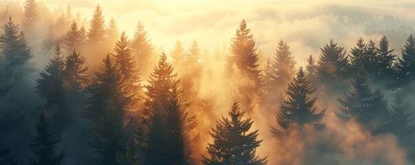 Wall Mural - Golden sunrise illuminating a misty forest, 4K hyperrealistic photo