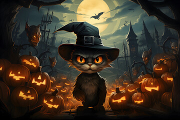 Happy Halloween background, cartoon style (party invitation cards, poster, wallpaper, banner, backdrop). A grumpy cat in a graveyard with scary pumpkin heads, bats, typical Halloween elements. 