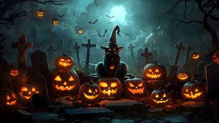 Happy Halloween background, cartoon style (party invitation cards, poster, wallpaper, banner, backdrop). A grumpy cat in a graveyard with scary pumpkin heads, bats, typical Halloween elements. 