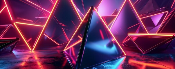 Sticker - Intersecting 3D shapes with neon glow, 4K hyperrealistic photo