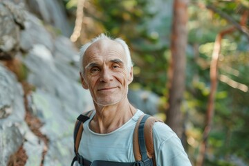 Confident Senior Man Rock Climber Portrait Hiking Among Trees in Wood