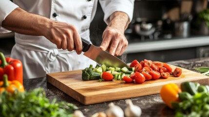 A chef chopping fresh vegetables on a wooden cutting board, showcasing the artistry and skill of culinary preparation.