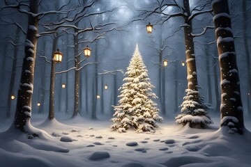 Wall Mural - A peaceful snowy forest with a decorated Christmas tree glowing lanterns, Ai Generated