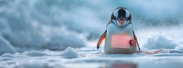 Canvas Print - A penguin holding a sign in the water