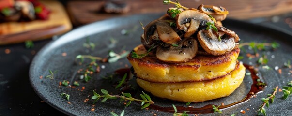 Wall Mural - Polenta cakes with wild mushrooms and thyme, 4K hyperrealistic photo