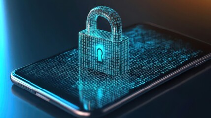 A digital lock made of ones and zeros emerges from a mobile phone screen