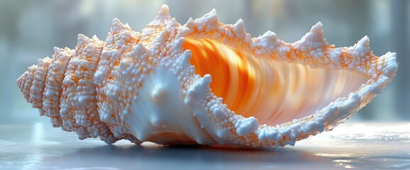 Wall Mural - A close-up of a large seashell with a textured exterior and a colorful interior, illuminated by soft light.