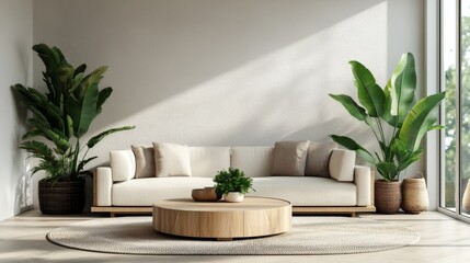 Poster - A chic minimalist living room with a comfortable sofa, minimalist coffee table, and pops of greenery, ideal for hosting guests in a stylish setting.