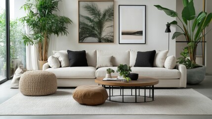 Poster - A chic minimalist living room with a comfortable sofa, minimalist coffee table, and pops of greenery, ideal for hosting guests in a stylish setting.