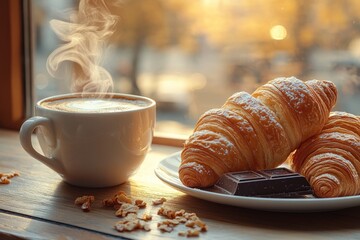 Delicious Breakfast with Coffee and Croissants