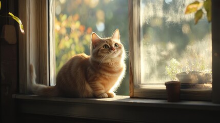 Aufkleber - A chubby cat perched on a windowsill, gazing out at the world with big, curious eyes, framed by sunlight streaming in