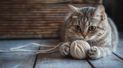 Poster - A chubby cat playing with a ball of yarn on a wooden floor, showcasing its playful side in a simple, rustic setting.