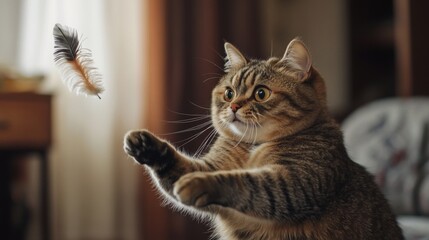 Aufkleber - A chubby cat playfully batting at a feather toy, its eyes wide with excitement and energy, in a cozy living room.