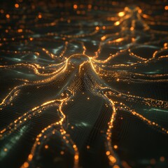Poster - Abstract Digital Landscape with Glowing Lights and Grid Pattern.