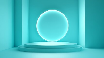 Poster - modern minimalist interior featuring a glowing turquoise circle positioned on a raised platform agai