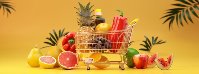 Shopping cart filled with fresh tropical fruits against a yellow background.