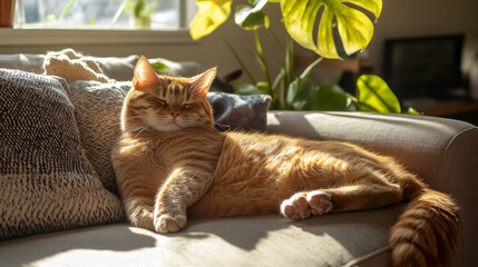 Aufkleber - A chubby orange cat lounging on a cozy sofa, belly up, looking content and relaxed in a sunlit living room