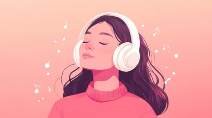 Wall Mural - A girl with big white headphones, captured in a portrait, relishing the musical rhythm and feeling the beat.