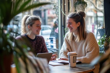 Two women sit together, laughing and enjoying their conversation as they record a podcast in a cozy