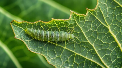 Poster - A close-up of a leaf with a caterpillar camouflaged among the veins, emphasizing the insect blending ability and the leaf details.
