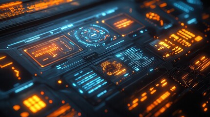 Poster - Futuristic Interface with Glowing Blue and Orange Lights - Sci-Fi Control Panel Design.